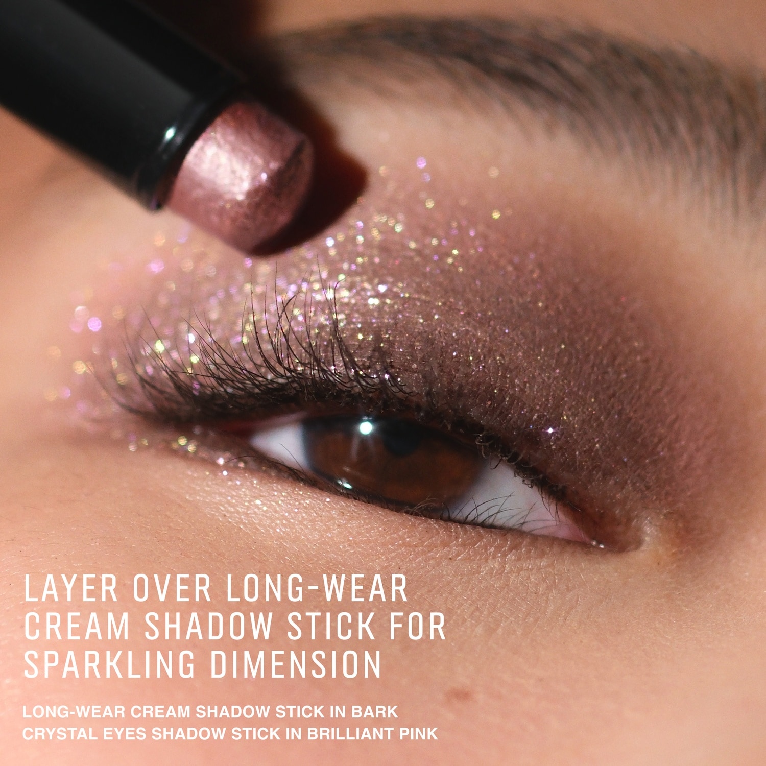 layer over long-wear cream eyeshadow stick for sparking dimension long-wear cream eyeshadow stick in bark crystal eyes shimmer e