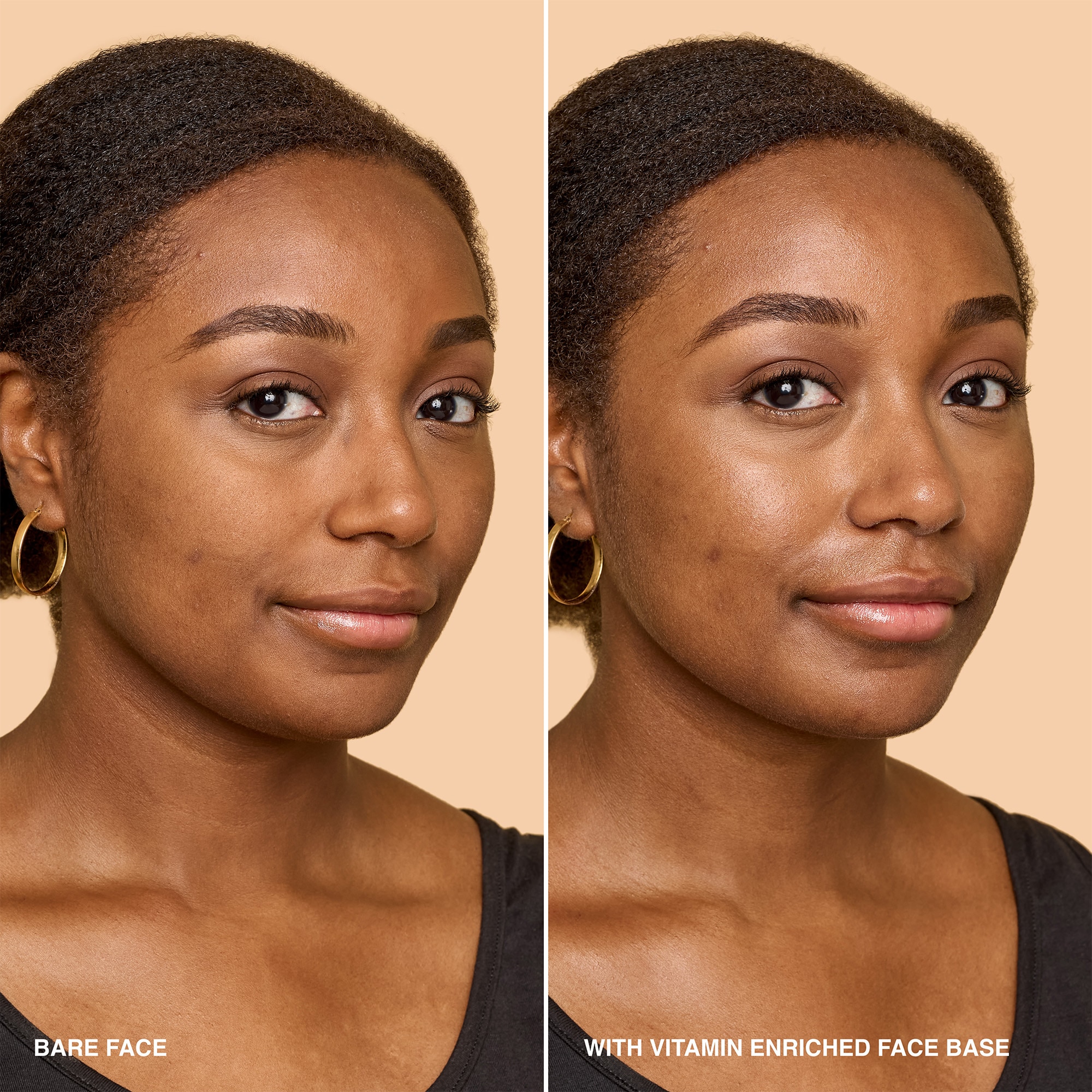 before and after of model with bare face vs bare face with bobbi brown vitamin enriched face base